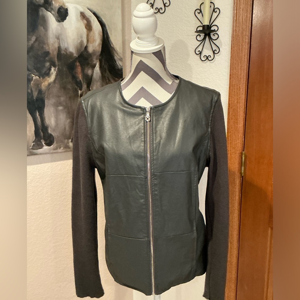 Faux leather and knit zip front jacket